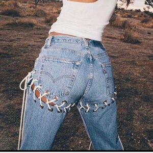 LEVI’S 501 Reworked Upcycled Lace Up Dark Navy Denim Jeans Size Fits 27-…